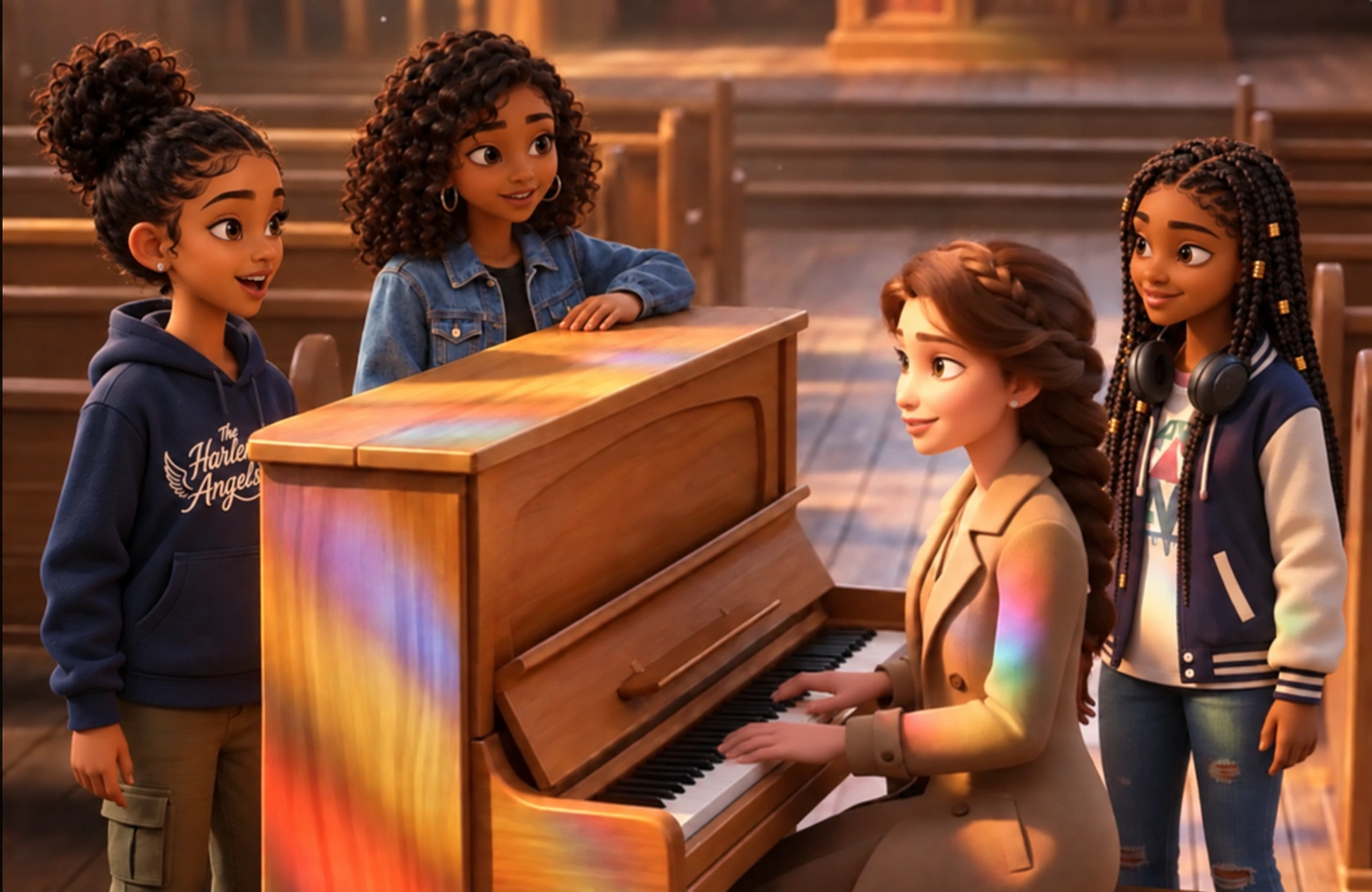 3 girls at piano with Miss Robinson